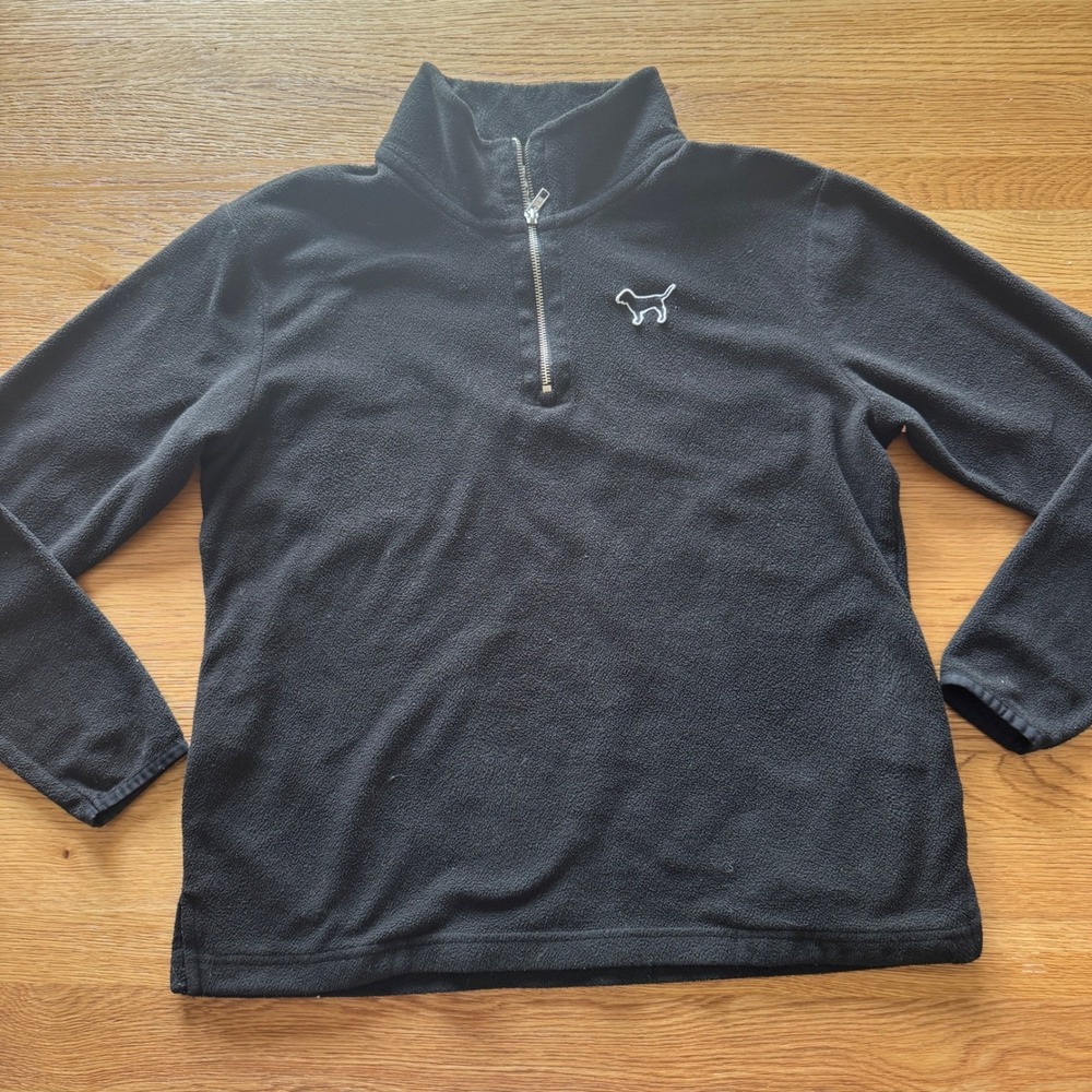 PINK Victoria's Secret Womens Black Quarter Zip Fleece Pullover Logo Size M